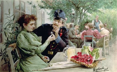 Soldier and a Young Girl Drinking New Wine by Felicien baron de Myrbach Rheinfeld